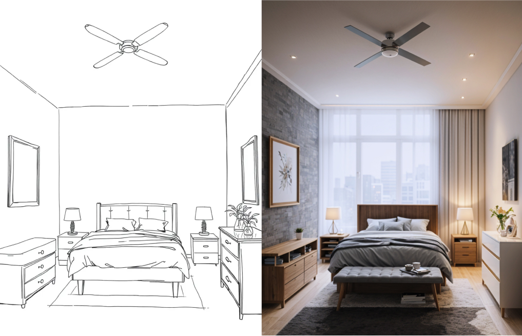 a modern bedroom sketch transformed into realistic 3d render using sketchtoimage.com