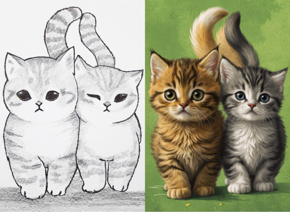 A pencil drawing of a kitty transformed into a vibrant, detailed digital art piece using sketchtoimage.com