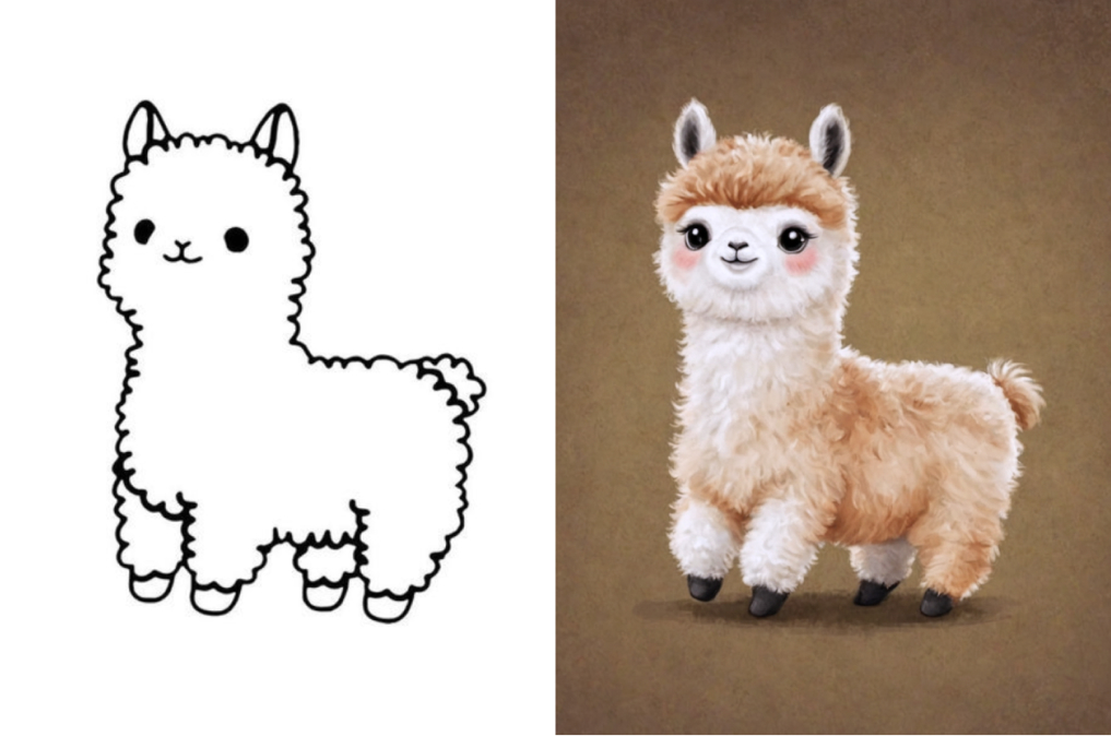 A child's simple sketch of a "cute baby llama" reimagined as an adorable, professional-quality sticker design using sketchtoimage.com