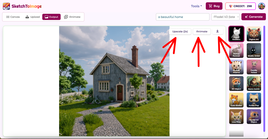 Upscale, animate and download buttons of sketchtoimage
